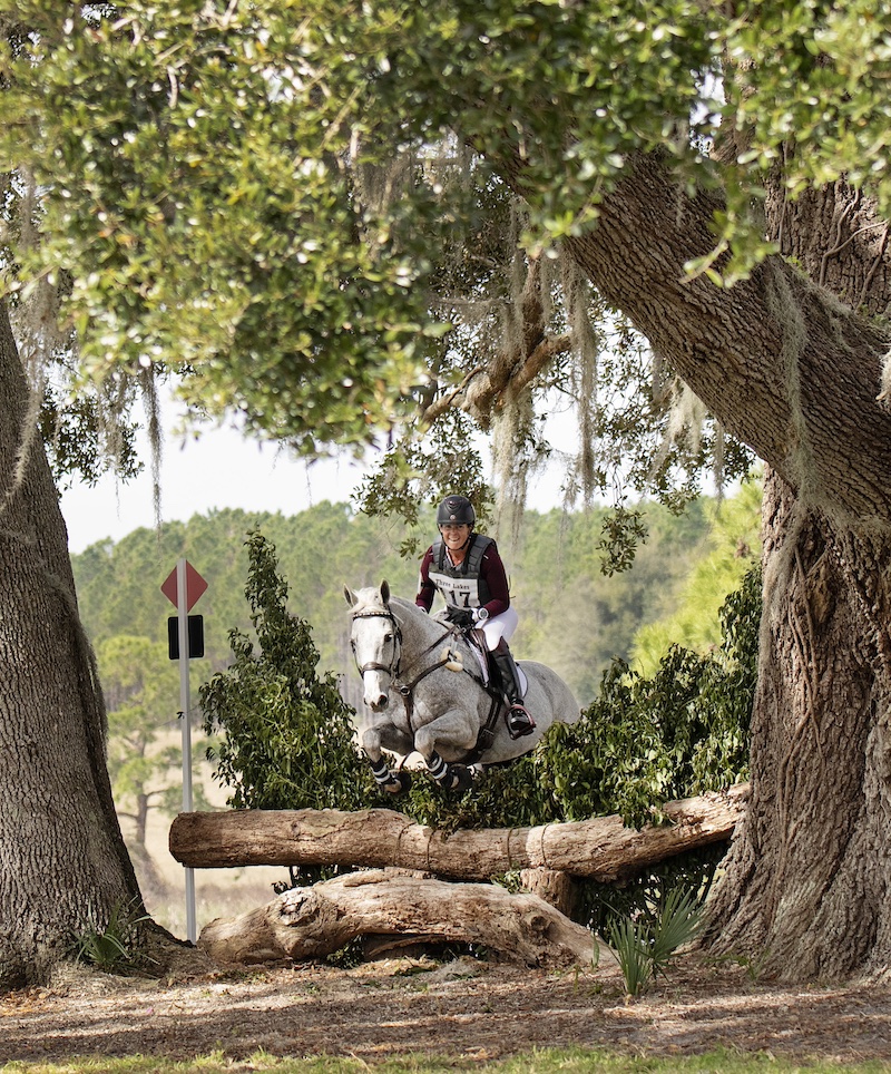 A horse and rider clearing a log fence on the cross-country course at Three Lakes Horse Trials, framed by mossy oak trees